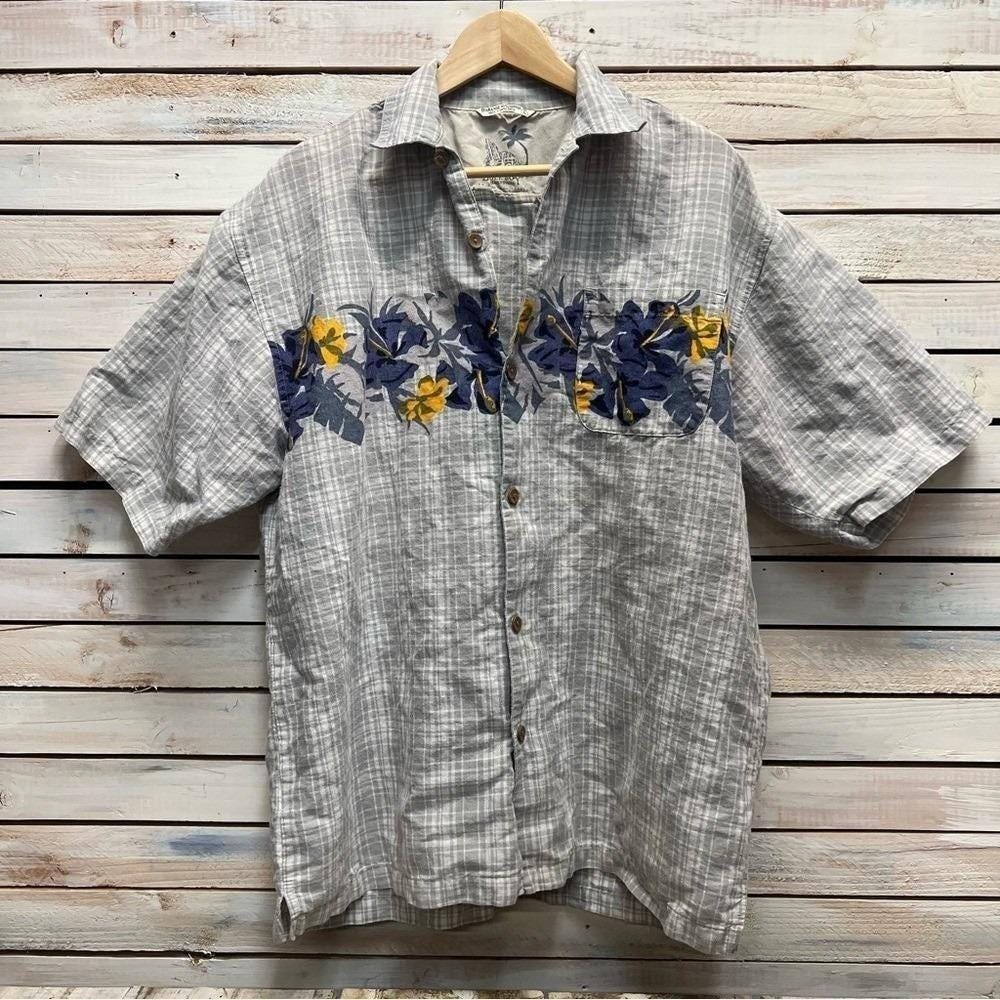 Vintage Bugle Boy Floral Camp Shirt Plaid Ramie Cotton Short Sleeve L